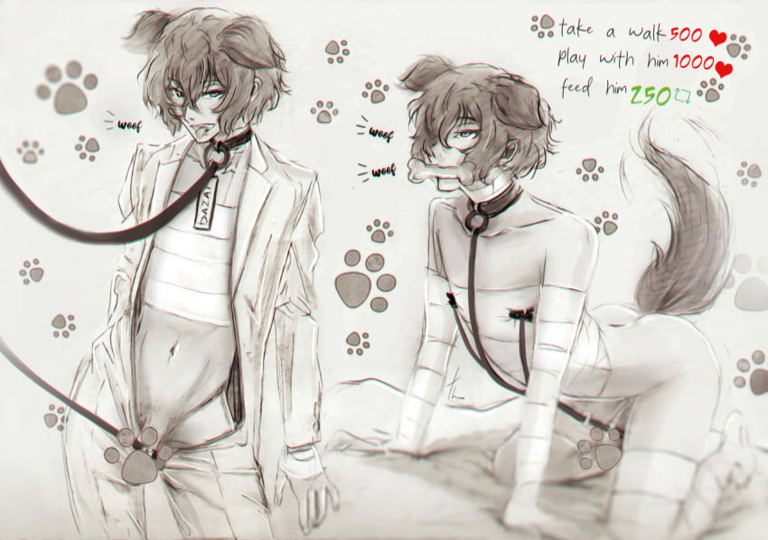 1boy a4th bandage bandages barking belly_button bone_in_mouth bungo_stray_dogs bungou_stray_dogs canine censored censored_genitalia censored_penis challenge dark_hair dazai_osamu dialogue dog_boy dog_collar dog_ears dog_play dog_pose dog_tail dogboy in_bed leash leashed_collar leashed_genitals light-skinned_male light_skin looking_up looking_upward male male_focus male_only malesub no_sex osamu_dazai pants_unbuttoned pawprint pawprint_(marking) pawprint_marking petplay puppy_boy puppy_eyes puppyplay shirt_open solo speech_line submissive submissive_male suggestive suggestive_look tail_up tumblr wagging wagging_hips wagging_tail woof woof_(sound_effect)