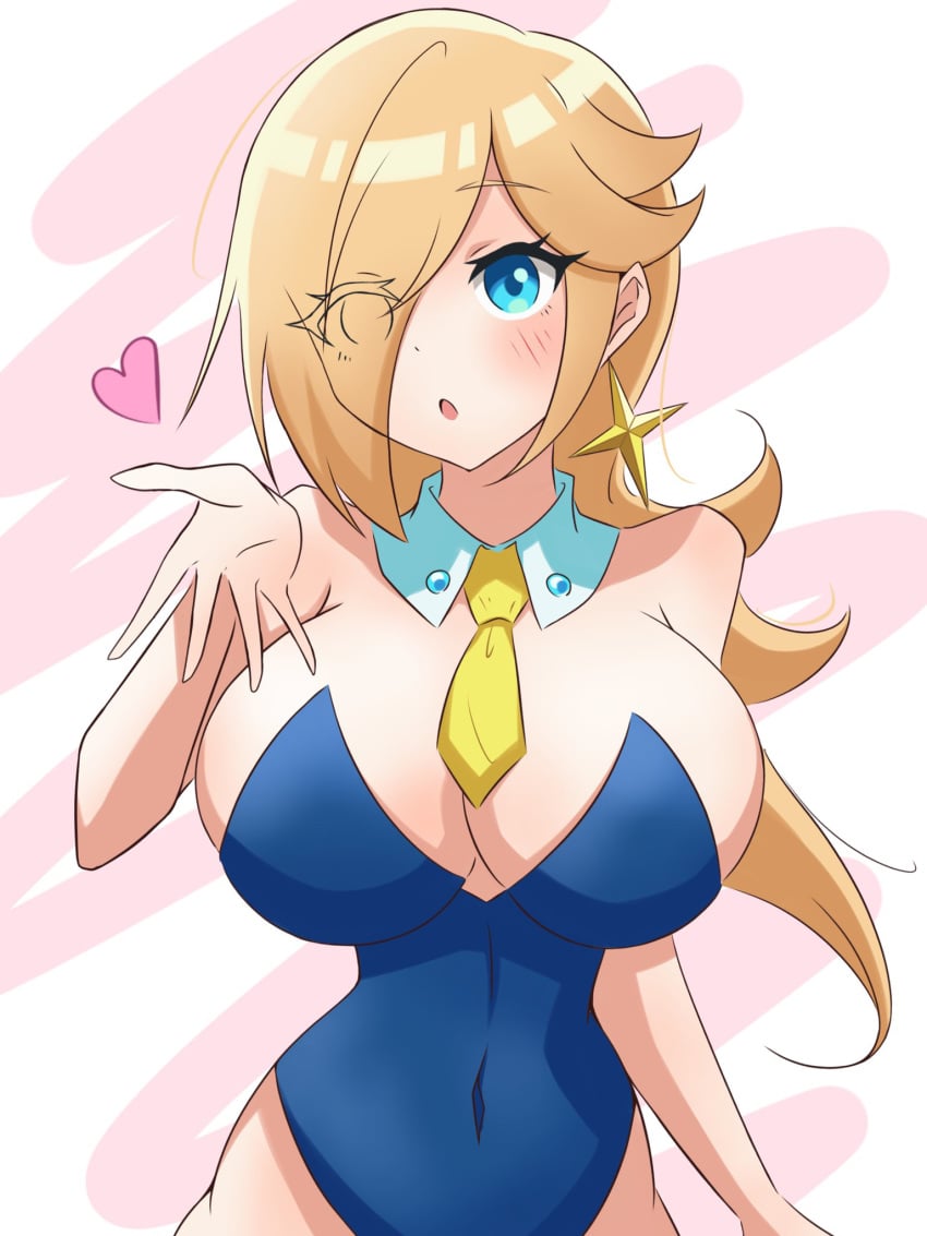 1girls blonde_hair blowing_kiss blue_eyes breasts cleavage covered_navel curvy hair_over_one_eye heart highres huge_breasts large_breasts legs leotard long_hair mario_(series) necktie nintendo princess_rosalina puckered_lips solo solo_female thighs