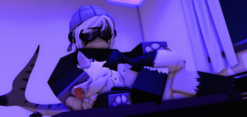 3d cute fox_boy made_using_roblox patting_head purple_light roblox robloxian shark_girl tiger_shark_(changed) wholesome