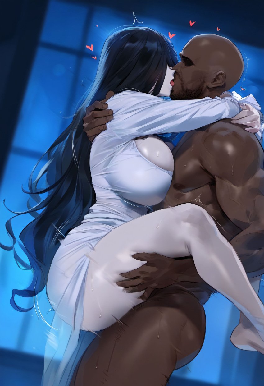 1boy 1girls ai_generated asian asian_female black_hair carrying_partner cleavage dark-skinned_male female hugging interracial kissing lifted long_hair mikayori penetration sadako_yamamura sex tagme the_ring white_skin yamamura_sadako