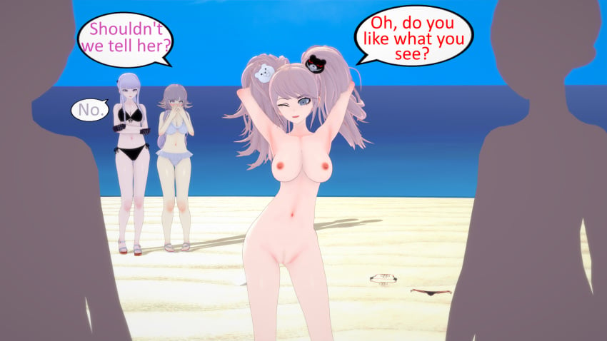 3d beach breasts danganronpa english_text female female_focus junko_enoshima kirigiri_kyouko koikatsu multiple_girls nanami_chiaki pussy tagme text ultimateenf unaware