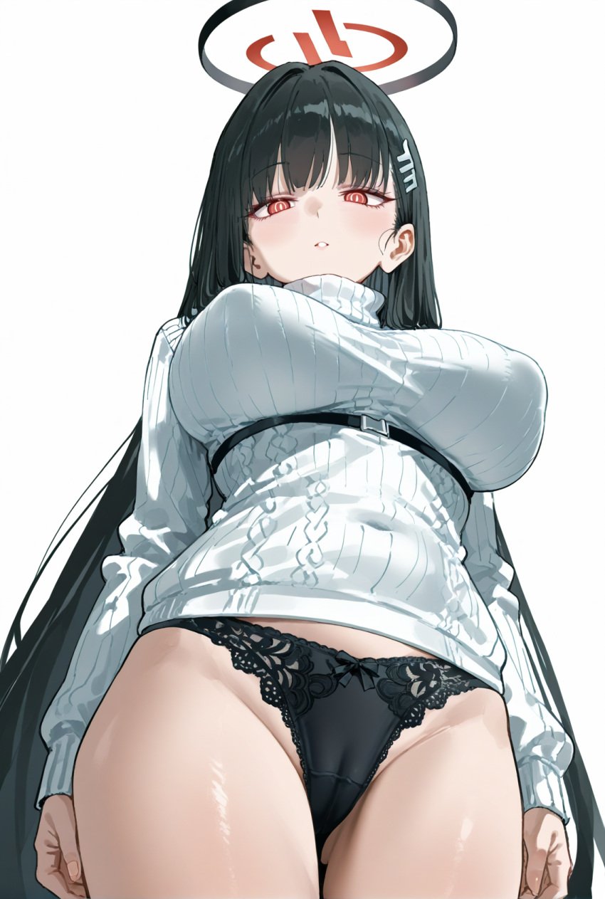 1girl ai_generated bangs black_hair black_panties blue_archive cowboy_shot eyebrows_visible_through_hair female from_below hairclip halo lace-trimmed_panties large_breasts lingerie long_hair long_sleeves looking_at_viewer panties parted_lips red_eyes ringed_eyes rio_(blue_archive) self_upload simple_background solo stable_diffusion standing thighs turtleneck underwear white_background white_pupils white_sweater