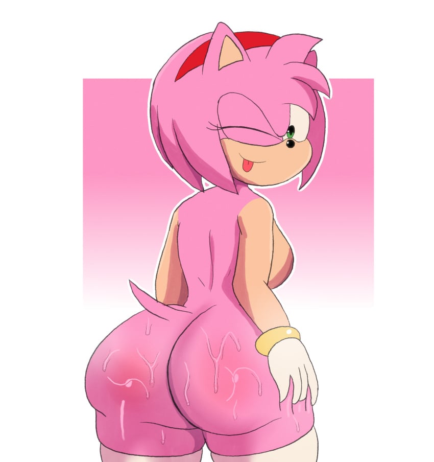 2024 absurd_res amy_rose ass blush bodily_fluids breasts darkleon eulipotyphlan female hedgehog hedgehog_girl hi_res looking_at_viewer mammal nipples nude one_eye_closed pink_body sega smile solo sonic_(series) sonic_the_hedgehog_(series) standing wink