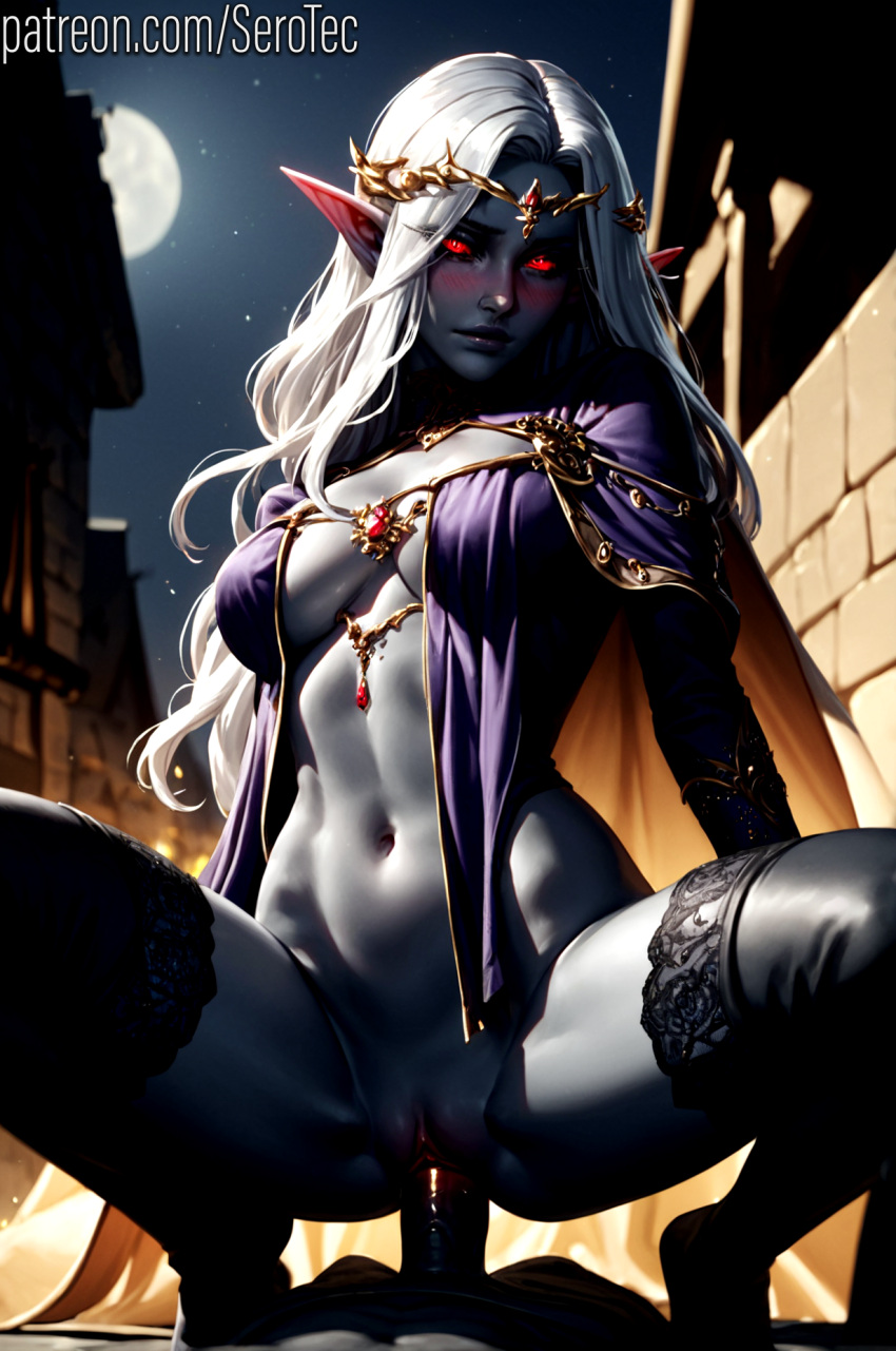 1female 1girls 2d ai_generated big_breasts cowgirl cowgirl_position dark-skinned_female dark_elf_female dark_skin detailed_female drow female girl hi_res high_resolution highres pony_diffusion_xltasy red_eyes serotec silver_hair vaginal_penetration vaginal_penetration vaginal_sex white_hair