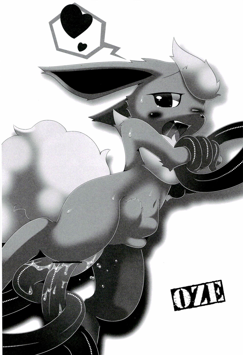 blush bound canine double_penetration eeveelution female flareon heart mammal monochrome nintendo open_mouth oze penetration pokemon pussy_juice saliva sex stomach_bulge sweat tears tentacle vaginal_penetration video_games