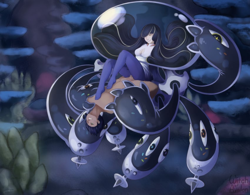 1boy 1girl black_hair cleavage cleavage_window clothed_female clothed_female_nude_male cowgirl_position dark_hair erection eyes_rolling_back feet_on_chest female floating floating_sex gold_eyes happy_sex leggings long_hair lusamine_(pokemon) monster_girl mother_beast_lusamine nihilego nude_male original_character penis pokemon pokemon_sm sex short_hair skirt smiling tanned_male tanned_skin tentacle tentacles_around_arms tentacles_on_male torn_leggings vaginal_fluids vaginal_penetration witchofavalon