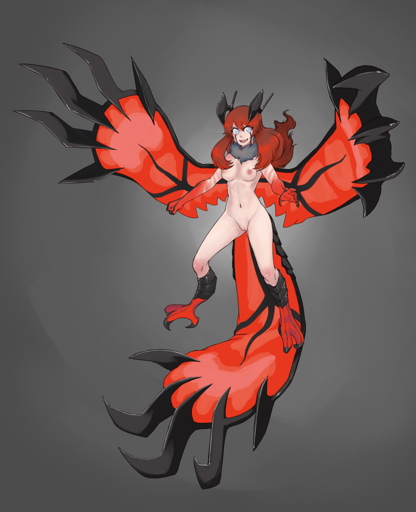 bad_id blue_eyes breasts female grey_background horns less long_hair monster_girl navel nintendo nipples nude open_mouth personification pokemon pokemon_(species) pokemon_xy pussy red_hair simple_background solo talons uncensored wings yveltal