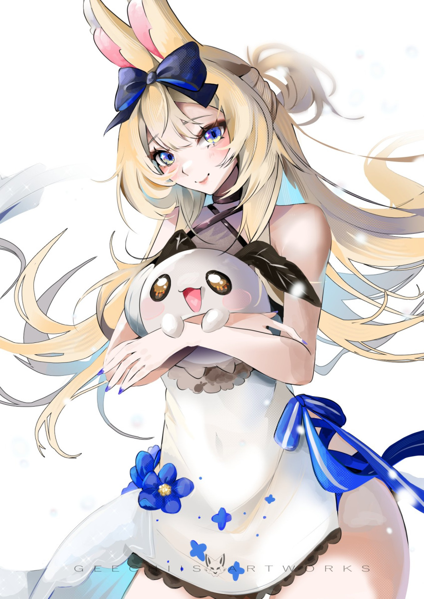 1girl bangs bare_arms bare_shoulders black_choker blonde_hair blue_bow blue_eyes blue_nails blush bow bunny_ears bunny_girl choker closed_mouth covered_navel cowboy_shot diagonal_stripes dress eyebrows_visible_through_hair female hair_between_eyes hair_bow long_hair looking_at_viewer ribbon see-through sleeveless smile solo standing striped striped_background striped_bow symbol-shaped_pupils vertical_stripes virtual_youtuber vyugen white_background yenko