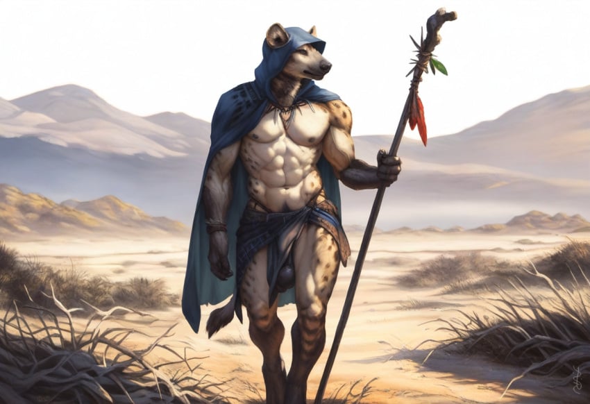 1boy 2024 abs ai_generated anthro avaru black_nipples black_nose brown_body brown_fur canid canine canis clothing covering_crotch desert feathers fur humanoid hyena landscape loincloth loincloth_aside looking_away male male_focus male_only mammal mountain multicolored_body multicolored_fur muscular muscular_male nature nature_background navel necklace nipples ornament primal_wilds sagging_balls solo staff tagme testicles tribal tribal_clothing tribal_jewelry tuft tufted_fur walking walking_stick