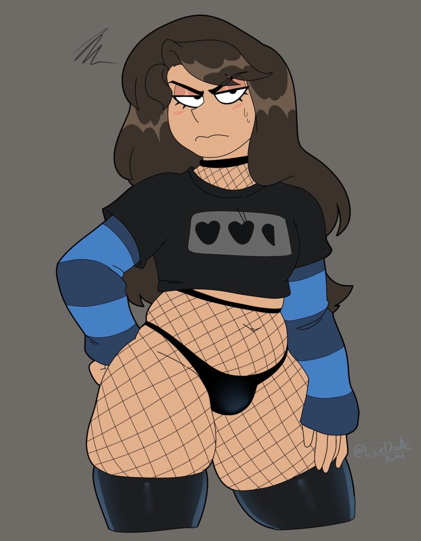 1boy 1human 1male belly belly_button bellybutton black_panties black_thong blue_shirt brown_hair brunette brunette_hair crossgender cute eyebrows_visible_through_hair female_to_male femboy fishnet_clothing fishnet_legwear fishnet_pantyhose fishnet_shirt fishnet_stockings fishnet_thighhighs fishnets ftm_crossgender genderbend genderbent genderswap genderswap_(ftm) gray_background grey_background grumpy human late latex latex_legwear latex_stockings latex_thighhighs light-skinned light-skinned_femboy light-skinned_male light_skin light_skinned_male lizielewddle lizielewddle_(character) long-sleeved_shirt long_sleeve_shirt long_sleeves male male_focus male_only mammal midriff_baring_shirt panties primate rule_63 signature simple_background solo solo_focus solo_male stockings_thigh_highs sweatdrops tagme thick_thighs upset voluptuous voluptuous_femboy voluptuous_male wide_hips