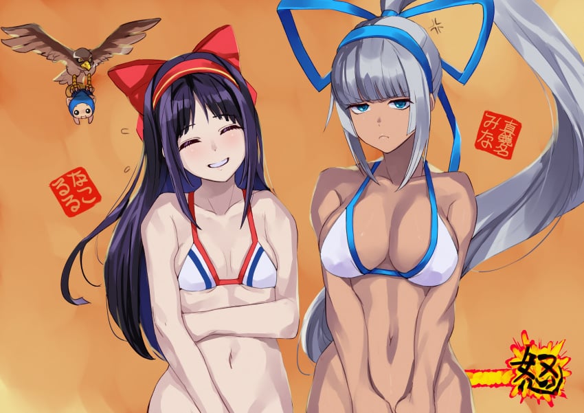 2girls anger_vein annoyed arm_under_breasts big_breasts bikini bikini_top_only blue_eyes bottomless breasts busty champuru cleavage closed_eyes coveredcore covering_crotch covering_privates female female_only gameplay_mechanics grey_hair grin hair_ribbon highres large_breasts legs long_hair looking_at_viewer majikina_mina mamahaha medium_breasts multiple_girls nakoruru navel ponytail pout purple_hair ribbon samurai_shodown smile snk swimsuit teasing themanyoukilled thighs very_long_hair voluptuous white_bikini_bottom