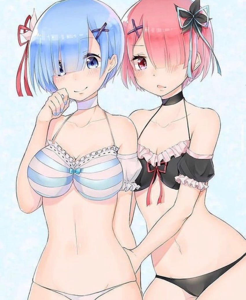 2girls bikini blue_eyes blue_hair female female_only multiple_girls pink_eyes pink_hair ram_(re:zero) re:zero_kara_hajimeru_isekai_seikatsu rem_(re:zero) younger_female