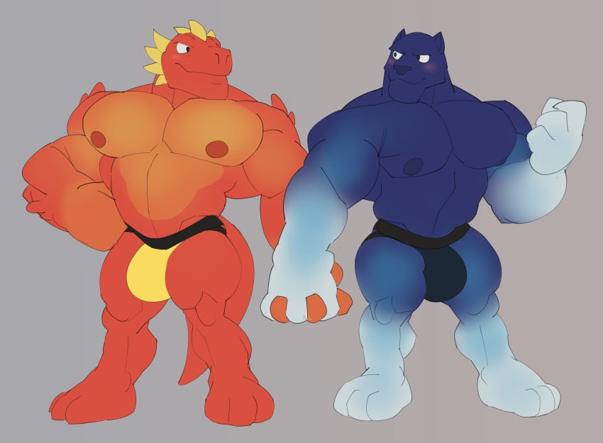 anthro balls bara big_muscles big_penis blazagon bulge flaccid furry heroes_of_goo_jit_zu holding_hands male male_only muscles muscular pantaro penis ripped-saurian scalie