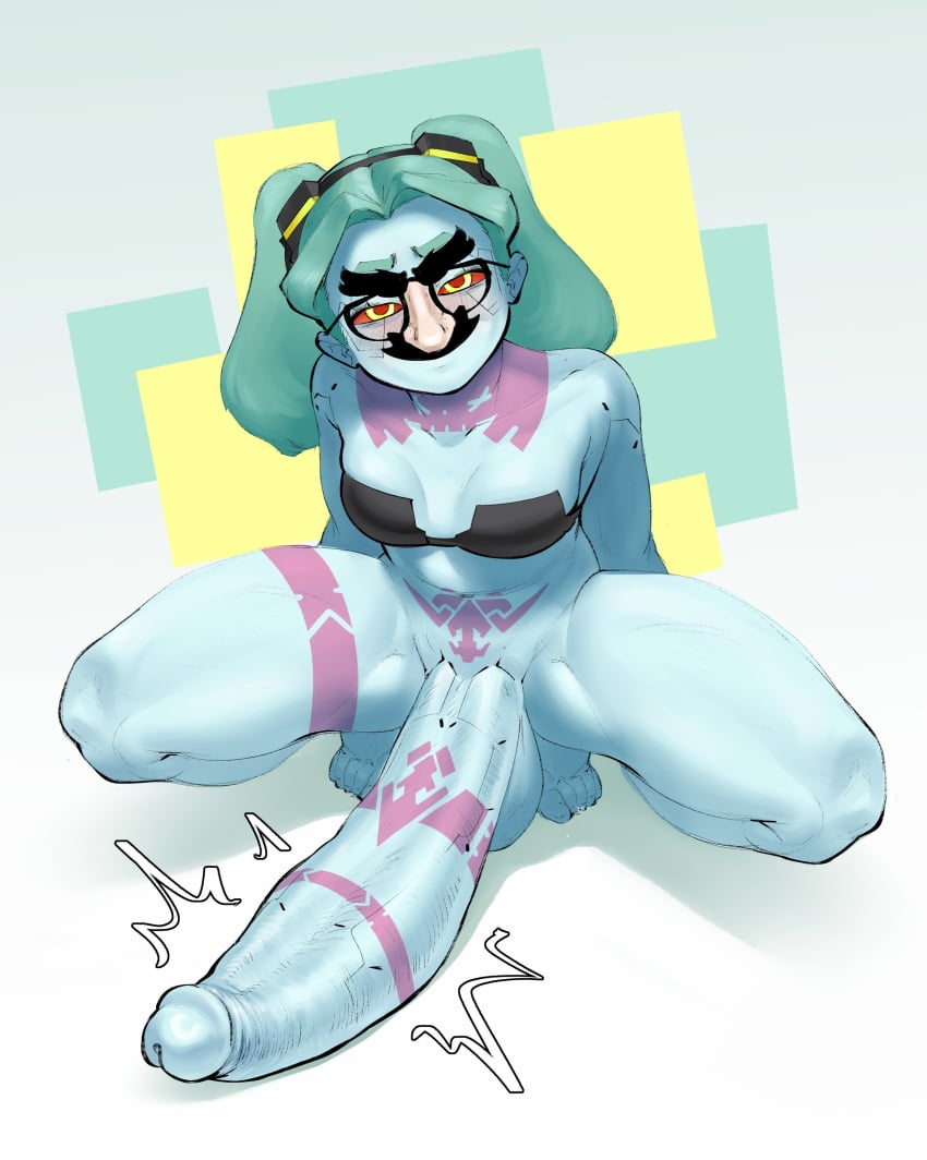 1futa 2023 2024 2d 2d_(artwork) balls bangs big_nose big_penis black_glasses bottomless breasts clothed clothing curved_to_the_right_penis cyberpunk cyberpunk:_edgerunners cyberpunk_2077 erection futa_only futanari gigantic_penis glasses gray_body green_hair groucho_marx haha huge_cock humanoid humanoid_penis humor hyper_penis jpeg jpg large_penis looking_at_viewer mostly_nude moustache mr_fuga no_nose nose nude pale-skinned_futanari penis rebecca_(edgerunners) small_breasts small_but_hung smug solo