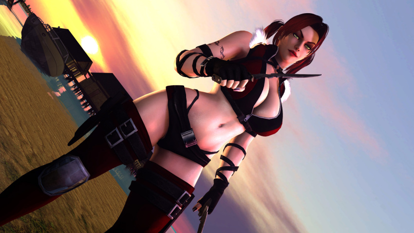 3d athletic athletic_female big_breasts bikini breasts busty female female_focus female_only green_eyes hourglass_figure kira_(mortal_kombat) mortal_kombat onagi outdoors outside red_hair tagme tattoo wide_hips