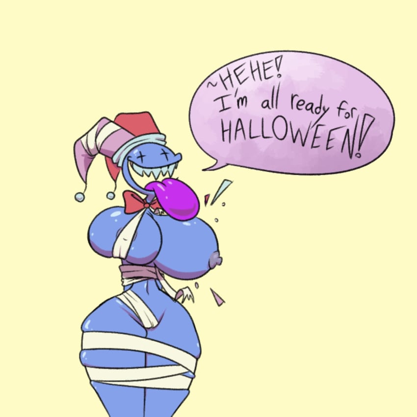 blue_skin bowtie breasts_bigger_than_head clown clown_girl english_text gray_nipples halloween happy humanoid jester_hat labba’s_secret_circus labba_the_clown labbatheclown large_breasts mummy_costume mummy_wrappings pink_tongue sharp_teeth simple_background speech_bubble thick_thighs tied_up tongue_out unusual_eyes