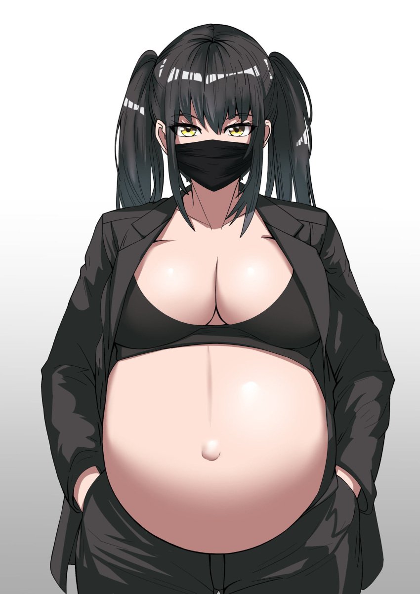 2d black_hair blush breasts_apart face_mask facemask gigantic_breasts hands_in_pockets huge_belly huge_breasts jacket looking_at_viewer original original_character pregnant trousers twintails yellow_eyes yuhancyan