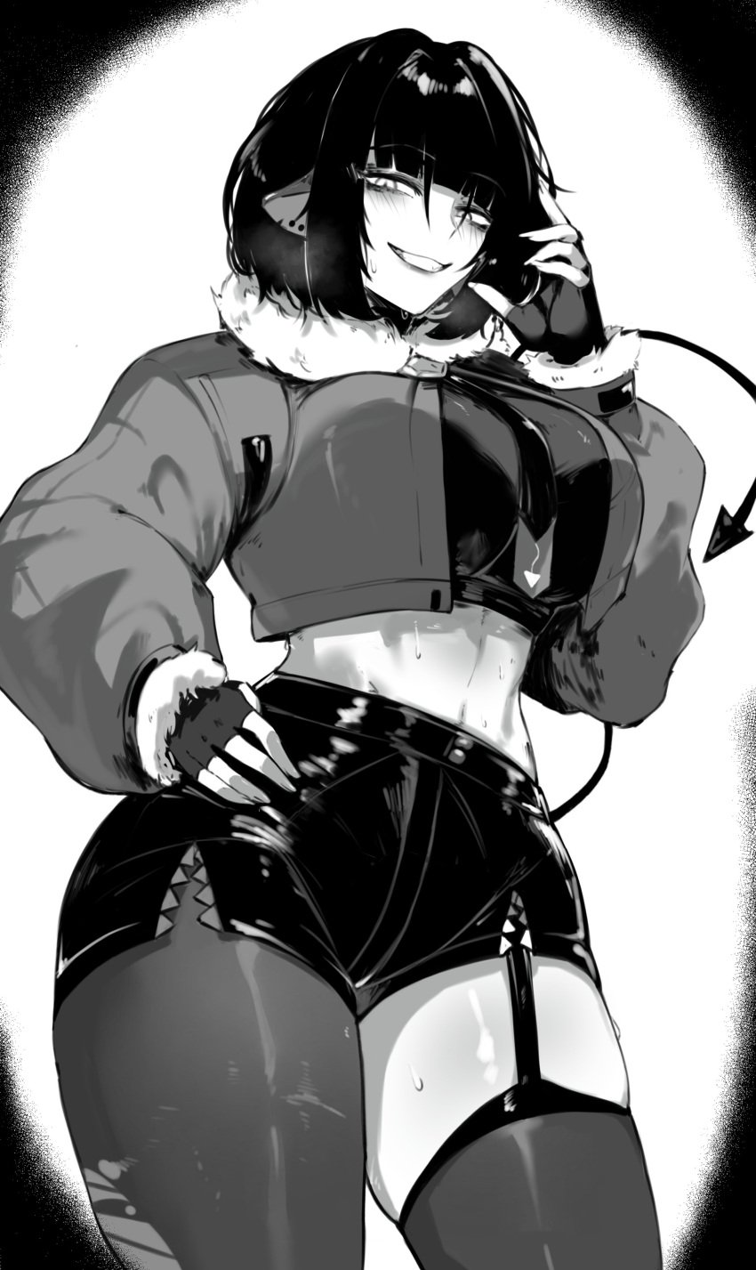 1girls animal_ears asymmetrical_legwear big_breasts black_and_white black_hair bob_cut busty clothed curves curvy dark_hair female female_only fully_clothed grin grinning hoyoverse jane_doe_(zenless_zone_zero) large_breasts masoq095 mihoyo monochrome monster_girl rat_ears rat_girl rat_tail revealing_clothes smirk smirking sweat sweating sweaty thick thick_thighs thighs zenless_zone_zero