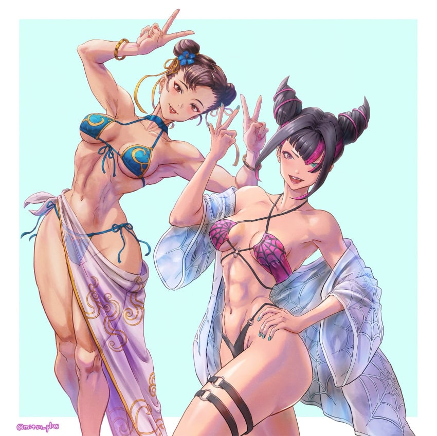 2girls abs artist_name attractive bare_shoulders black_hair blue_eyes blush breasts chun-li collarbone commentary fingernails hair_horns halterneck hand_on_own_hip hand_up heterochromia highleg highleg_bikini highres hooker juri_han lipstick looking_at_viewer makeup medium_breasts mitsu_plus multicolored_hair nail_polish navel o-ring o-ring_bikini off_shoulder open_mouth purple_eyes purple_hair pussy signature simple_background smile solo stomach street_fighter street_fighter_6 swimsuit teeth thigh_strap thighs upper_teeth_only