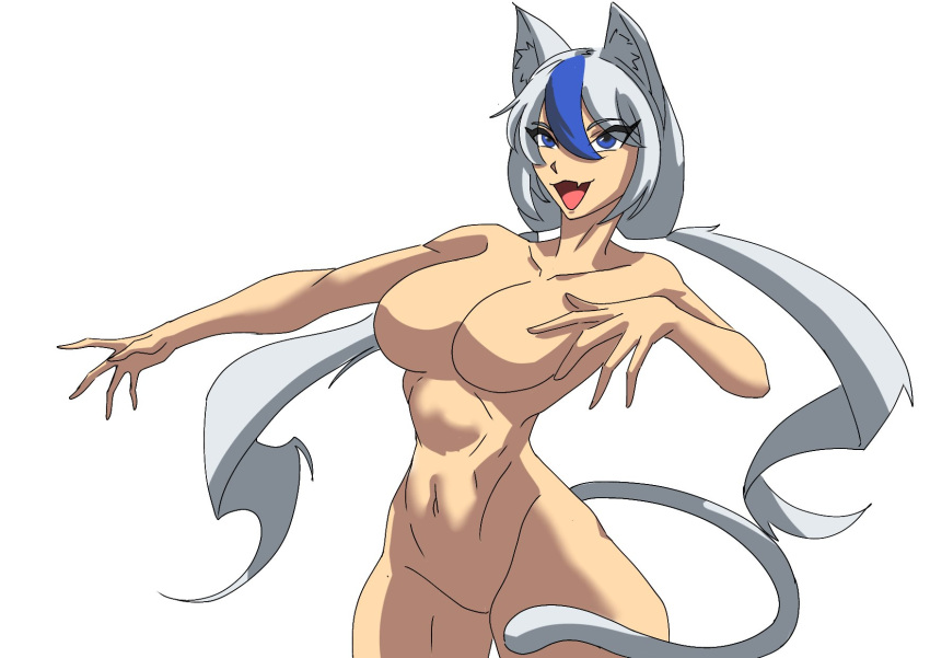 1girls cat_ears cat_tail featureless_breasts long_hair mega_man mega_man(classic) nitsuga_itnas no_nipples no_pussy nude oc original_character snowflake_woman_(luzbelarco) tied_hair white_hair