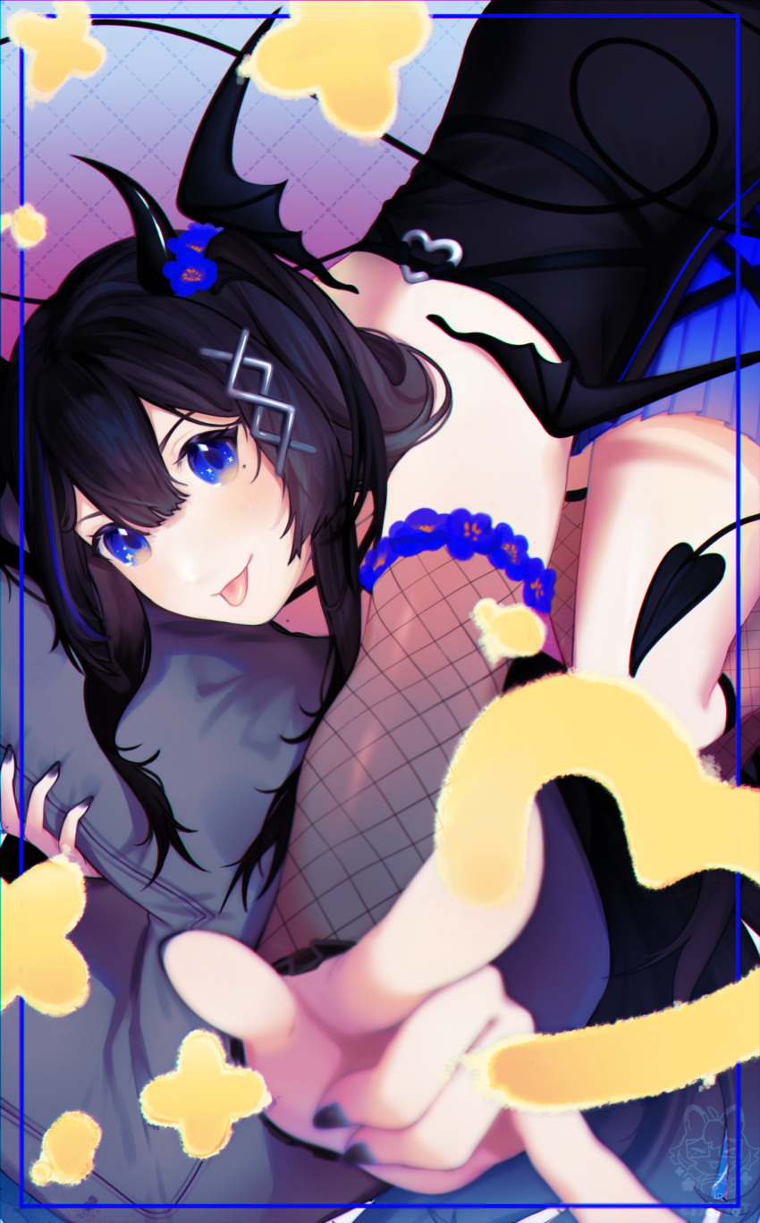 1girl :p ass bangs bare_shoulders black_hair black_nails blue_eyes blue_hair blue_nails blurry blurry_foreground blush bug butterfly demon_girl demon_horns demon_tail demon_wings depth_of_field female fishnet_legwear fishnets hair_between_eyes hair_ornament horns insect long_hair looking_at_viewer multicolored_nails nail_polish purple_nails smile solo star_(symbol) tail thighhighs tongue tongue_out twintails virtual_youtuber vyugen wings yenko