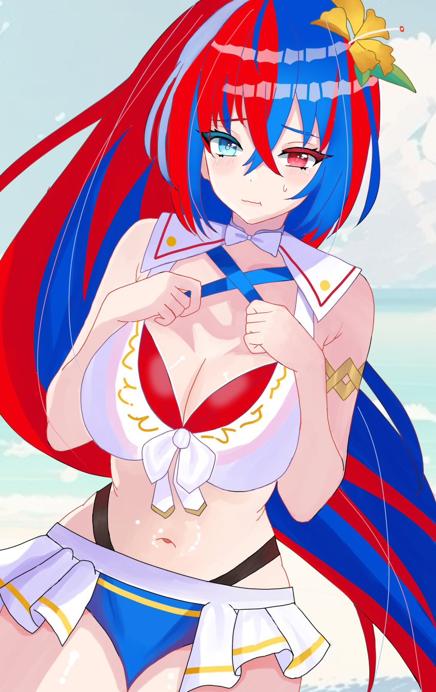 1girls alear_(female)_(fire_emblem) alear_(female)_(seaside_dragon)_(fire_emblem) alear_(fire_emblem) alternate_costume bikini blue_bikini blue_eyes blue_hair blue_swimsuit cleavage fire_emblem fire_emblem_engage fire_emblem_heroes flower_in_hair heterochromia large_breasts looking_at_viewer n_54 nintendo official_alternate_costume outdoors red_bikini red_eyes red_hair red_swimsuit swimsuit white_bikini white_swimsuit