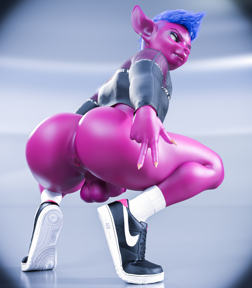 3d_(artwork) absurd_res anus ass ass_focus balls bludergat99 blue_hair bottomless butt_focus claws clothed clothing creasing_shoes crouching digital_media_(artwork) draagen_(bludergat99) ear_piercing ear_ring footwear genitals gesture hair hand_gesture hi_res humanoid imp looking_at_viewer low-angle_view male nike no_pupils non-human non-human_only penis piercing presenting presenting_hindquarters purple_body ring_piercing shoes skinny smile smiling_at_viewer sneakers socks solo topwear v_sign young