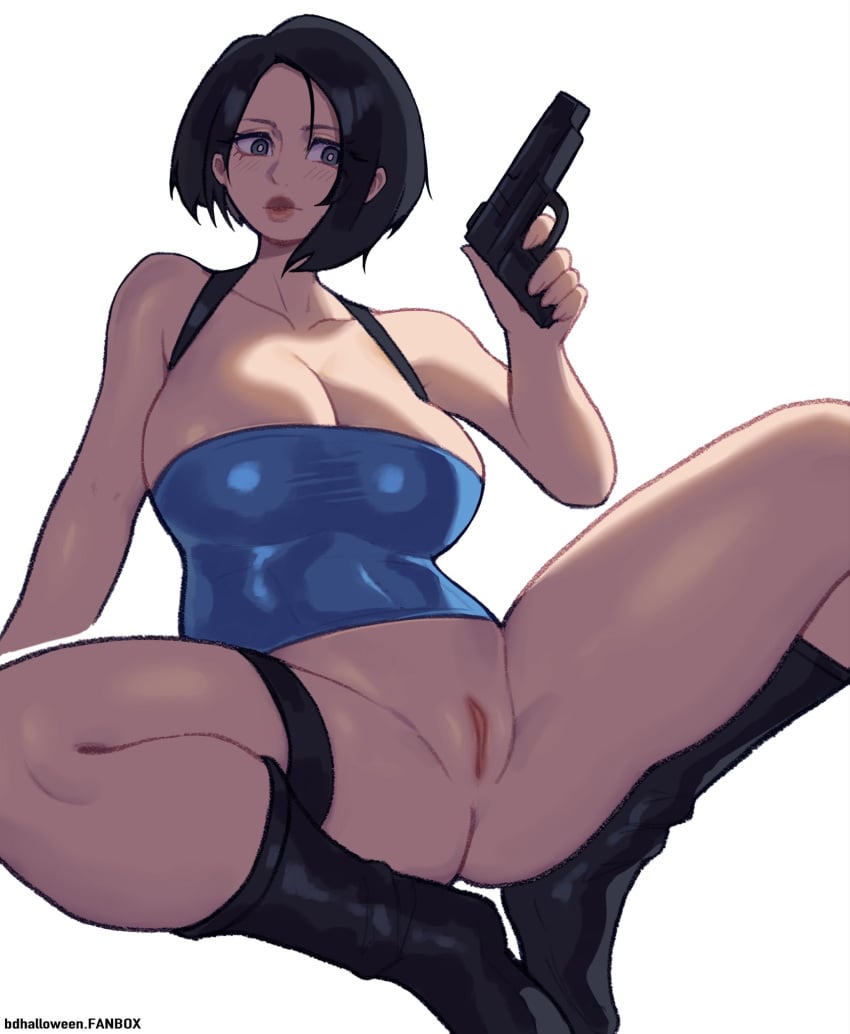 1girls 2024 bent_legs black_hair blush boots bottomless capcom female female_only freddyhalloween gun hi_res jill_valentine looking_at_viewer no_panties pussy resident_evil resident_evil_3 solo thick_thighs thigh_strap tubetop wahuku18 white_background