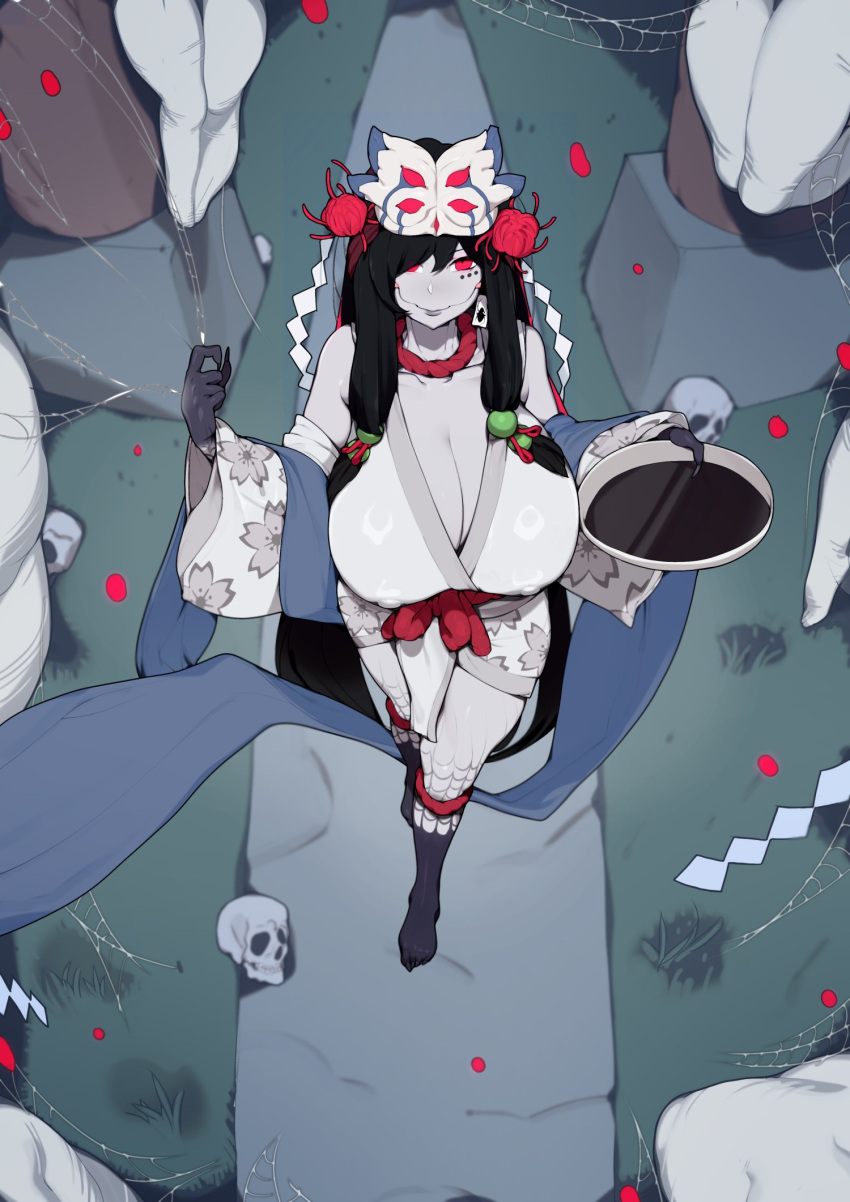 1girls artist_request big_breasts black_hair breasts huge_breasts japanese_mythology large_breasts long_hair milf monster_girl original red_eyes sake_dish solo solo_female solo_focus spider_girl web web_encasement yami_(stabilicious) youkai