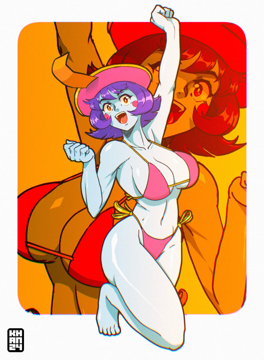 1990s 1girls arm_up armpits artist_name barefoot big_breasts bikini breasts busty capcom cleavage clenched_hands curvy darkstalkers feet female_only highres hsien_ko jiangshi large_breasts legs lei-lei lei_lei looking_at_viewer navel open_mouth pink_bikini purple_hair red_eyes retro_artstyle short_hair smile solo swimsuit teeth thick_thighs thighs thong_bikini tongue voluptuous yungkhan