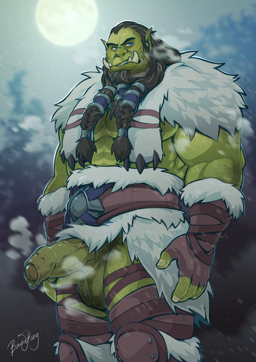 balls baraking clothing digital_drawing_(artwork) digital_media_(artwork) erection foreskin genitals glans green_body hair hi_res humanoid_genitalia humanoid_penis male muscular muscular_male night orc orc_(warcraft) orc_male outside penis solo solo_male standing thrall thrall_(warcraft) warcraft