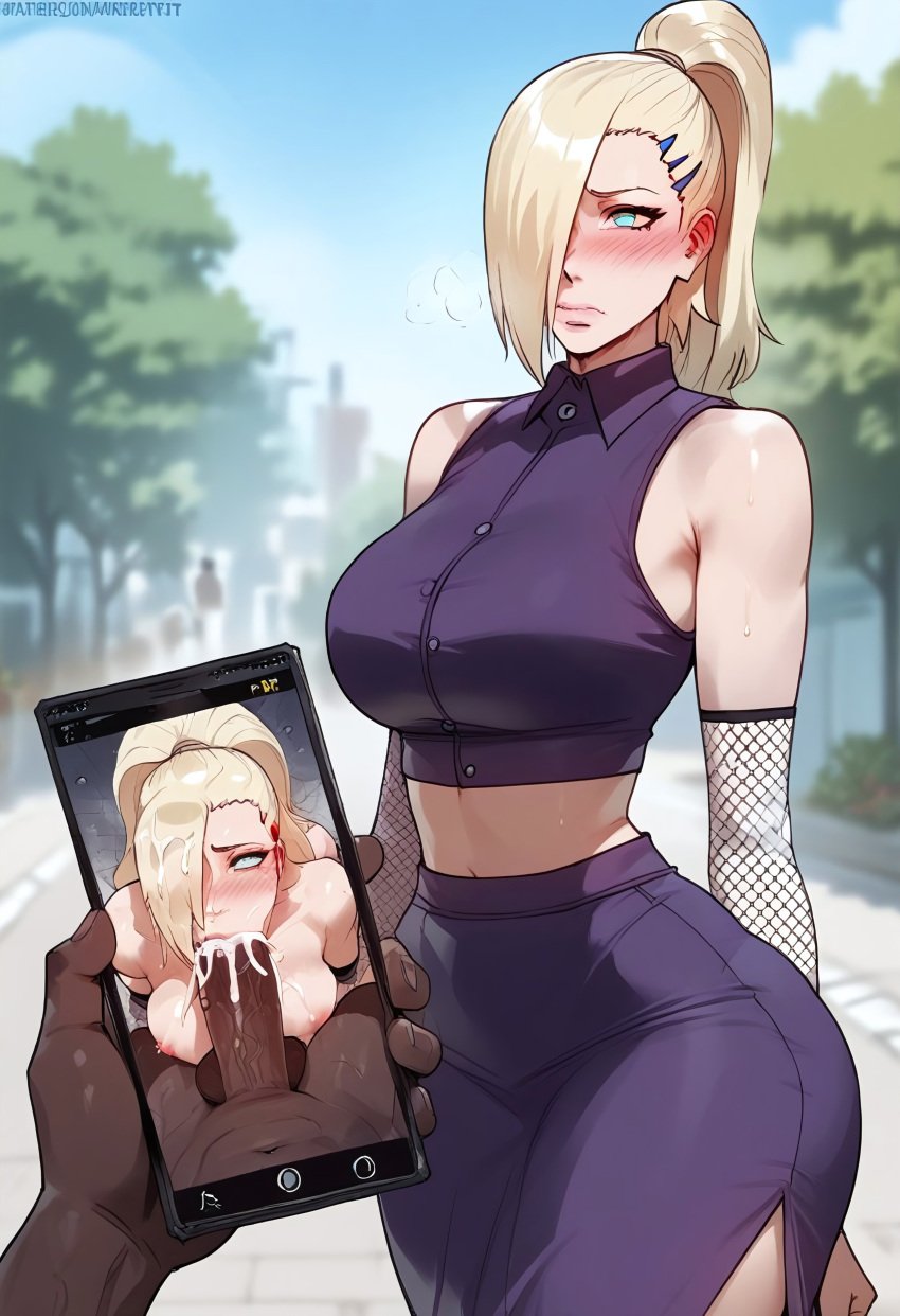 1boy 1girls ai_generated background_character big_penis big_testicles blowjob cum cum_in_mouth dark-skinned_male embarrassed female human ino_yamanaka interracial male naruto naruto_(series) naruto_shippuden oral penis phone tagme