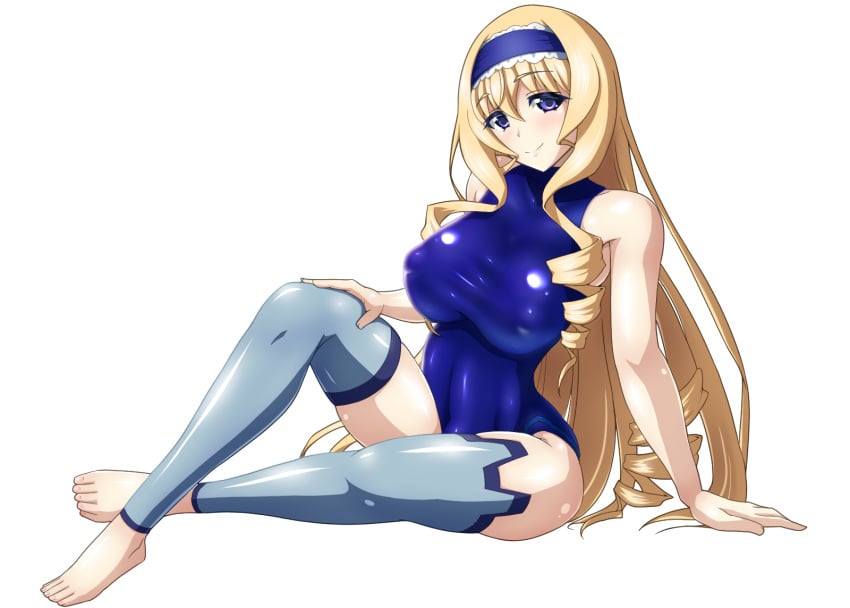 1girls big_breasts blonde_hair blue_eyes blue_hairband blue_leotard blush breasts busty cecilia_alcott covered_erect_nipples covered_navel curly_hair drill_hair female female_only hairband highres infinite_stratos large_breasts leotard lolita_hairband long_hair looking_at_viewer pilot_suit shiny_skin simple_background sitting skin_tight smile solo taut_clothes thighhighs voluptuous white_background yurizuku_owl