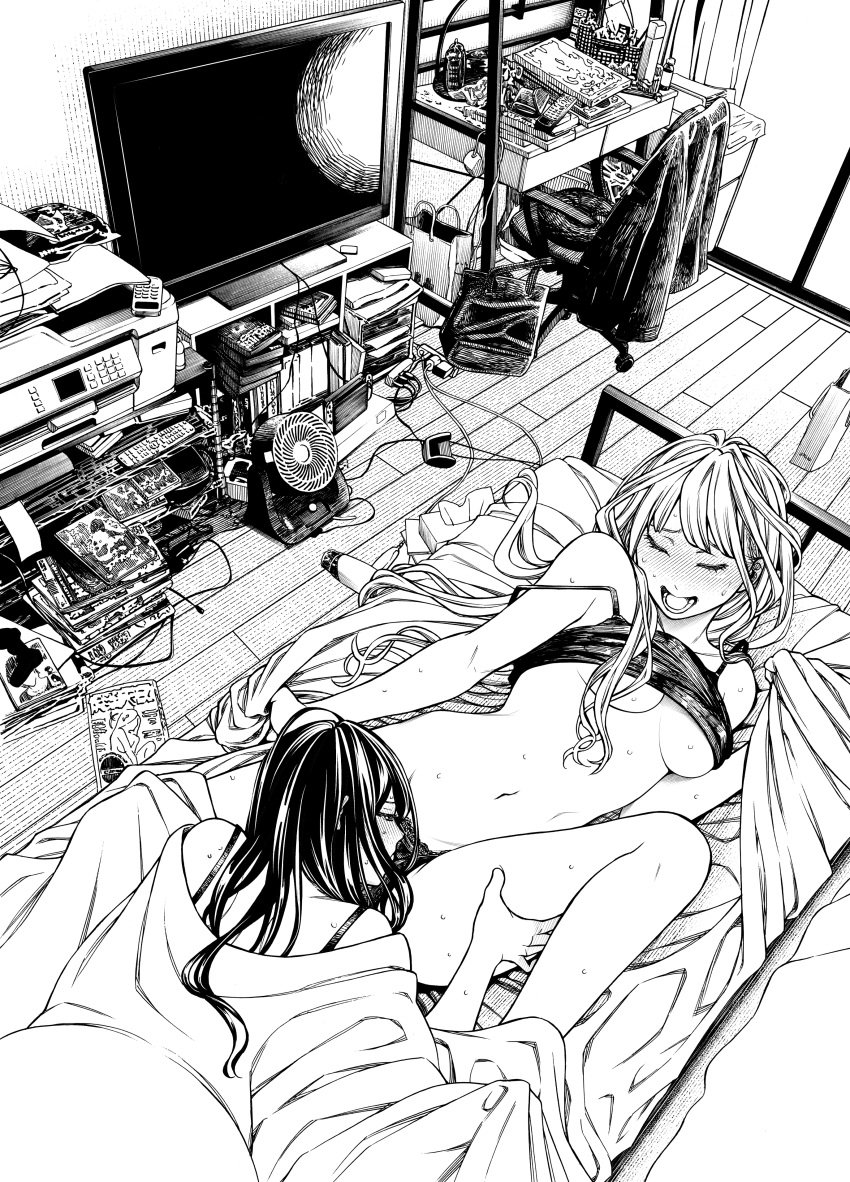 2girls absurdres blush book breasts camisole camisole_lift closed_eyes clothes_lift commentary_request controller cunnilingus cunnilingus_through_clothes desk electric_fan game_controller greyscale half-closed_eyes hand_on_another&#039;s_thigh highres indoors large_breasts long_hair magazine_(object) monochrome multiple_girls nanatsu_fuji nintendo_switch on_bed open_mouth oral original panties printer sheet_grab spread_legs sweat television underwear yuri