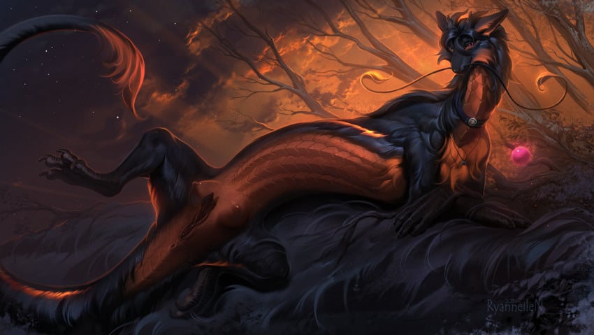 abstract_background animal_genitalia anus belly_scales black_body black_claws black_fur black_horn breasts brown_body brown_scales claws cloud crotchboobs dragon eastern_dragon feral forest forest_background fur futa_sans_balls futanari genital_slit genitals half-erect herm hermaphrodite hi_res horn intersex looking_at_viewer multi_genitalia mythological_creature mythological_scalie mythology nature nature_background penis plant pussy ryanneilen scales scalie solo tree