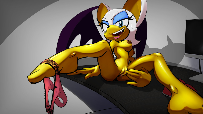 16:9 anthro bat bat_wings blue_eyes breasts clothed clothing clothing_around_one_leg computer electronics eyeshadow female furniture genitals hi_res makeup mammal membrane_(anatomy) membranous_wings nipples nude open_mouth panties panties_around_one_leg panties_down partially_clothed pussy rouge_the_bat sega sharp_teeth solo sonic_(series) sonic_the_hedgehog_(series) spikeybluething table teeth underwear underwear_around_one_leg underwear_down widescreen wings