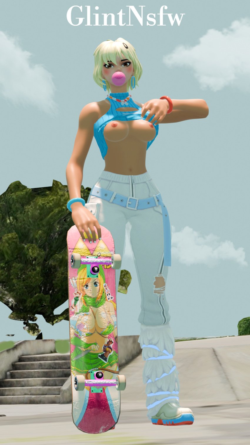 blonde_hair breasts evie_(fortnite) fortnite fortnite:_battle_royale skateboard skater_girl solo summitseeker_evie_(fortnite) titty_drop white_skin