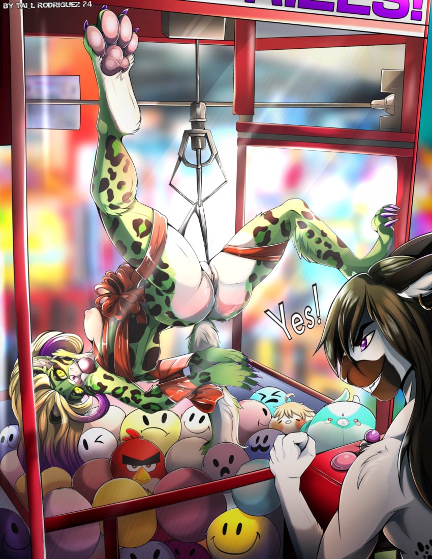 4_toes angry_birds anthro ball_gag bound breasts claw_machine claws duo feet felid female gag genitals hi_res lagomorph leopard mammal pantherine pawpads pussy rovio_entertainment sega smile tai_l_rodriguez toes