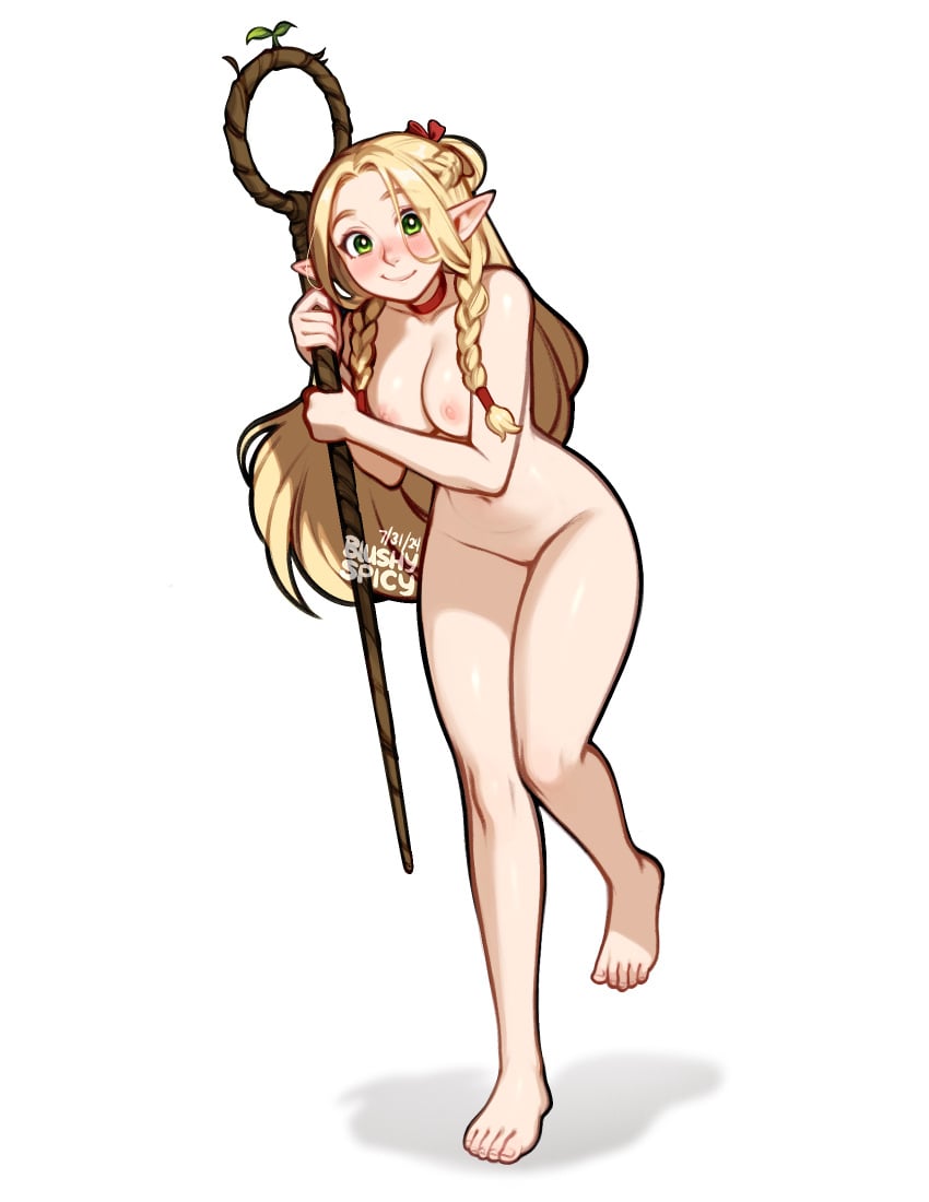 1girl 2024 blonde_hair blushypixy blushyspicy braided_hair breasts choker delicious_in_dungeon dungeon_meshi female_focus female_only green_eyes looking_at_viewer marcille_donato naked navel nipples smile smiling smiling_at_viewer solo staff standing tagme thighs