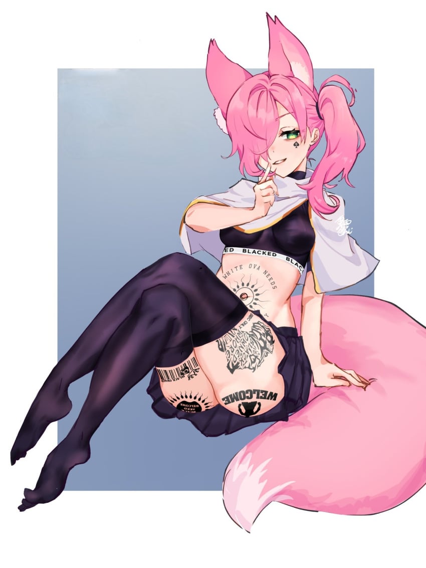 1girls big_tail blacked clothed female fox_girl green_eyes looking_at_viewer pink_hair qos queen_of_spades smile snowbunny thighhighs tight_clothing white white_skin