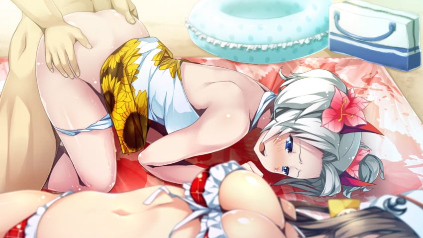 1boy 2girls back barbankur_sur_ascension beach bikini blue_eyes blush breasts cleavage flower game_cg grey_hair hair_flower hair_ornament hands_on_hips mahan maou_no_kuse_ni_namaiki_da! multiple_girls navel open_mouth sex short_hair solo_focus swimsuit top-down_bottom-up