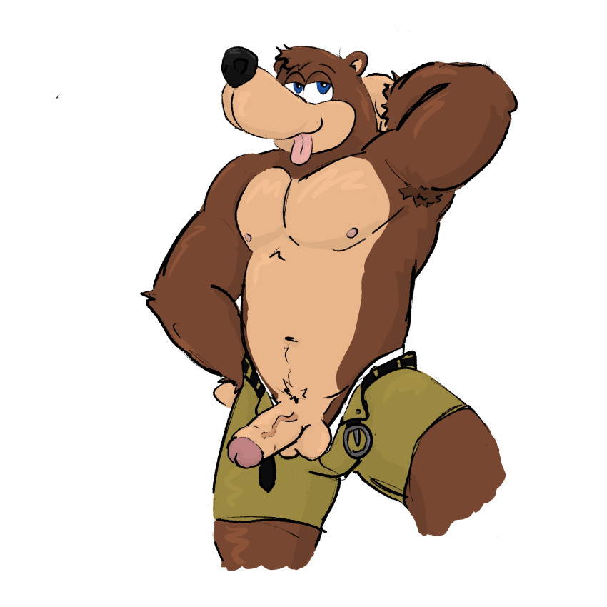 anthro armpit_fetish armpit_hair armpit_musk armpit_tuft armpit_worship balls banjo-kazooie banjo_(banjo-kazooie) bear belt_buckle blue_eyes body_hair bottomwear brown_body brown_fur buckle clothed clothing dickinoatmeal erection foreskin fur furry genitals hair hi_res male mammal muscular nipples open_bottomwear open_clothing open_pants pants partially_clothed pecs penis pits presenting presenting_penis rareware simple_background smile solo tongue tongue_out vein veiny_penis