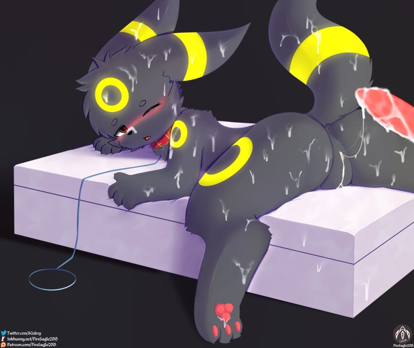 absurd_res anthro bed blush bodily_fluids bukkake claws collar cum cum_inside cum_on_body duo eeveelution female furniture generation_2_pokemon genital_fluids genitals half-closed_eyes hi_res leaking_cum leash lying male male/female narrowed_eyes nintendo open_mouth paws penis pokemon pokemon_(species) pussy senz tail text umbreon url