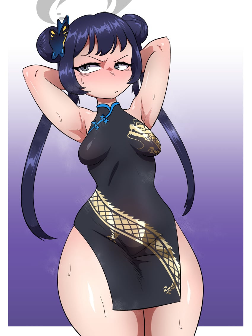 1girls armpits blue_archive bottom_heavy butterfly_hair_ornament double_bun dress female hands_behind_head kisaki_(blue_archive) large_thighs lech_lewds sleeveless_dress sweat sweatdrop sweating sweaty thick_hips thick_thighs twintails wide_hips