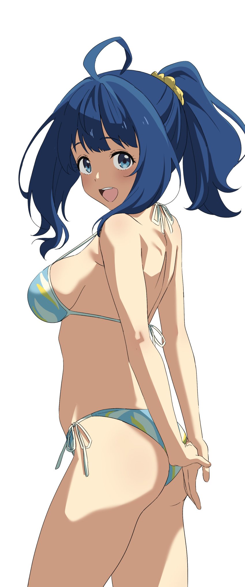 1girls :d alternate_hairstyle arms_behind_back ass big_ass big_breasts bikini blue_bikini blue_eyes blue_hair breasts busty female female_only from_behind highres large_breasts looking_at_viewer looking_back make_heroine_ga_oo_sugiru! medium_hair open_mouth ponytail sensual sideboob sincos smile solo_female swimsuit voluptuous yanami_anna