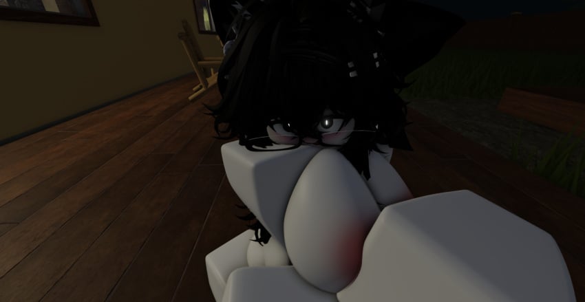 1girls 3d black_hair fox_ears glasses hair_clips holding_camera kuonrr34 licking_lips made_using_roblox pale-skinned_female roblox robloxian school_uniform staring