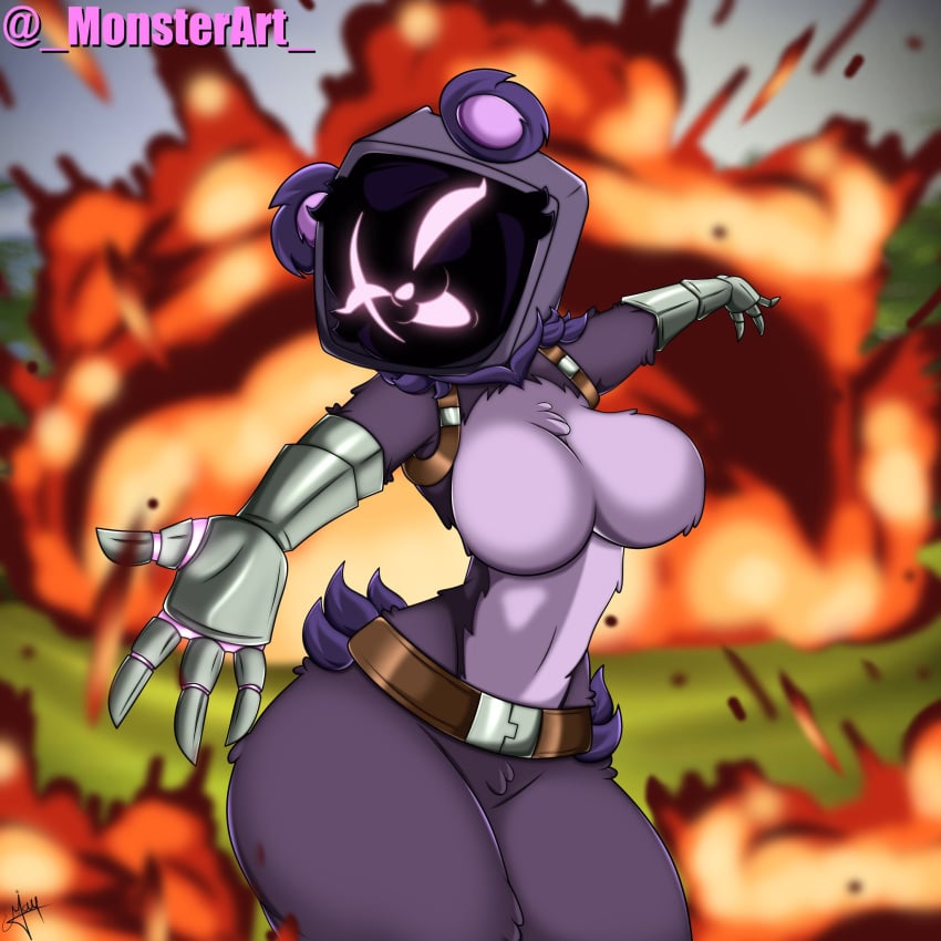 alternate_version_available bear bear_ears bear_girl belt belt_buckle clothed clothed_female clothing explosion female female_only fortnite fully_clothed fully_clothed_female fur furry furry_only glowing_eyes glowing_mouth glowing_nose hands_out monsterart open_mouth raven_team_leader safe_for_work scar scar_across_eye solo solo_female thick_thighs voluptuous voluptuous_female