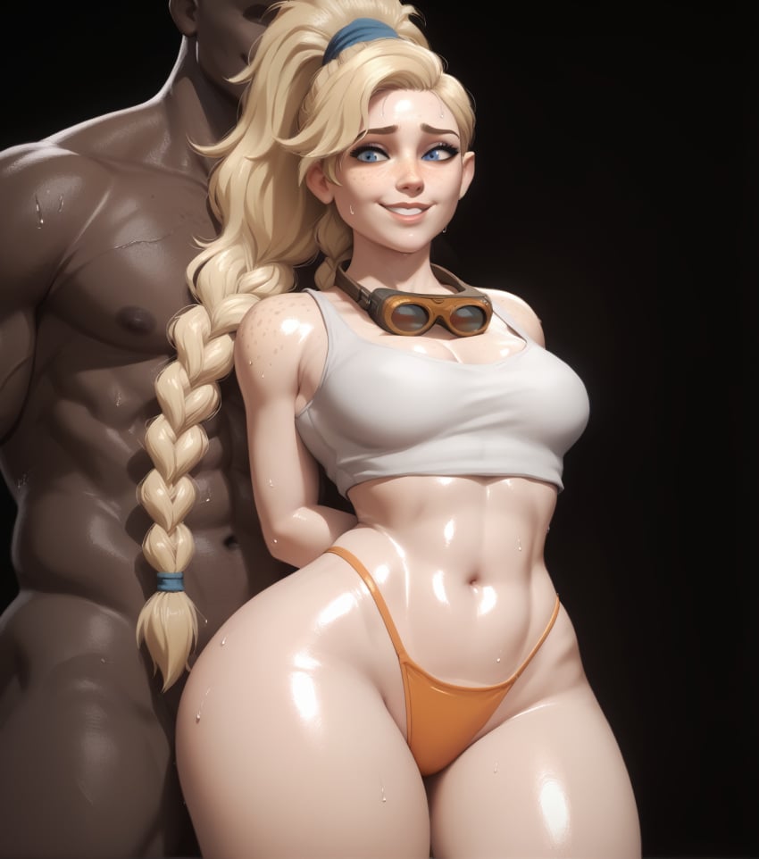 1boy 1girls ai_generated blonde_hair blue_eyes clothed_female_nude_male crop_top dark-skinned_male dark_skin female gemma_(monster_hunter_wilds) interracial light-skinned_female light_skin midriff monster_hunter monster_hunter_wilds nervous_smile queensphynx sweat thong