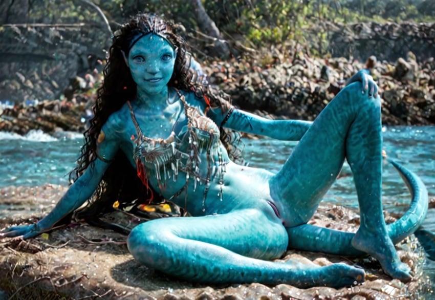 ai_generated alien avatar avatar:_the_way_of_water blue_eyes feet female green_body green_skin hand_on_knee legs_apart long_hair looking_at_viewer lying_on_side metkayina na'vi pink_pussy pussy smiling tail thanosdonginspector tsireya