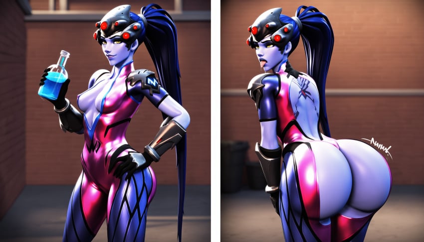 3d ahe_gao ahegao ai_generated ass_expansion before_and_after big_ass blizzard_entertainment bodysuit clothed drooling high_resolution huge_ass overwatch overwatch_2 potion ripped_clothing smile stable_diffusion tongue_out twopee widowmaker